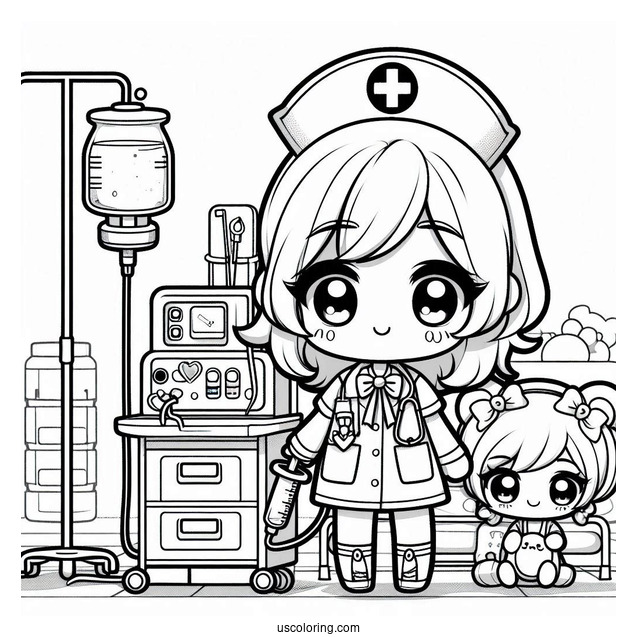 Chibi Coloring Page Nurse in a Hospital Room For Kids