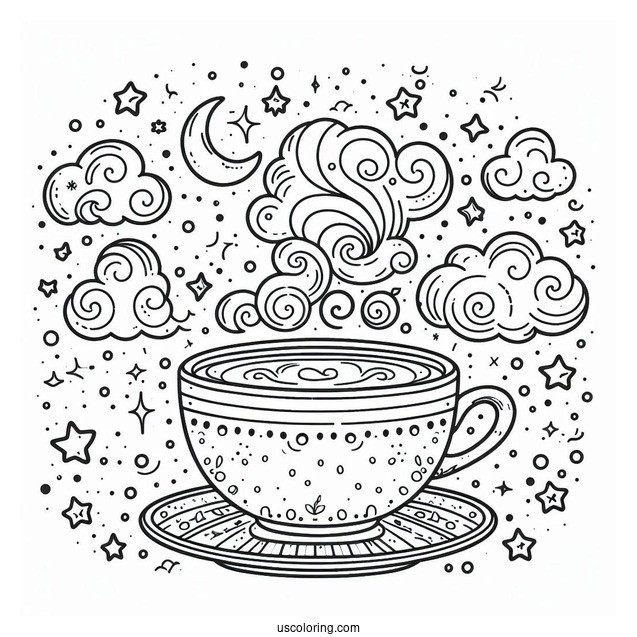 Magical Coffee Coloring Pages Of Cup With Clouds And Stars