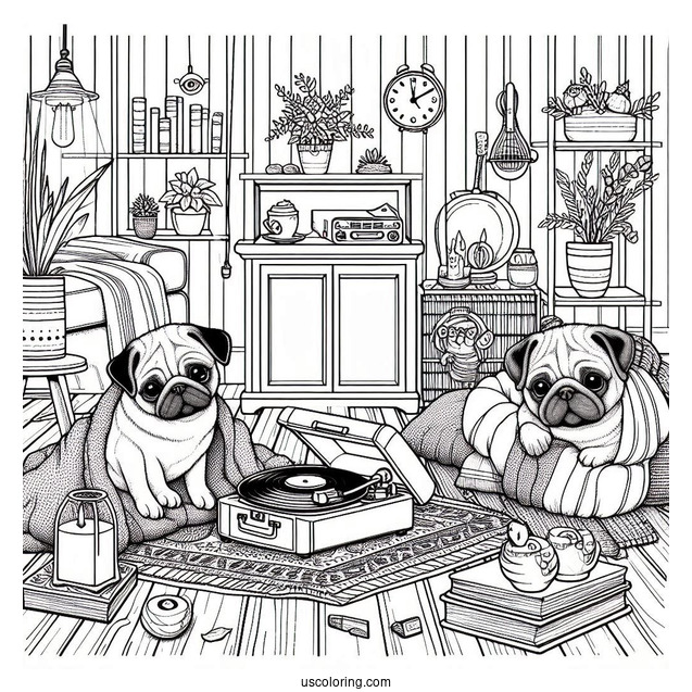 Cozy Home Scene with Pug Coloring Page and Vinyl Player
