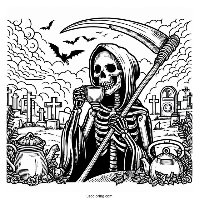 Skeleton Coloring Page Of Grim Reaper Drinking Tea In Cemetery Halloween