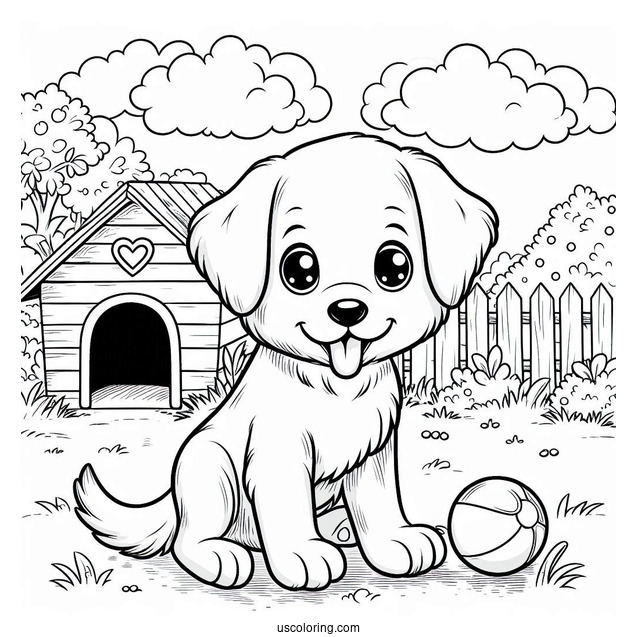 Puppy In Front Of Dog House Coloring Sheet