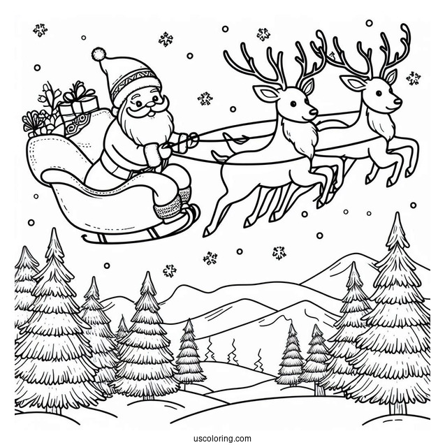 Santa Flying In The Sky With His Reindeer