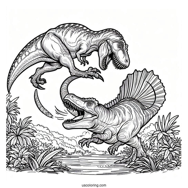 T Rex Fighting A Spinosaurus Coloring Page