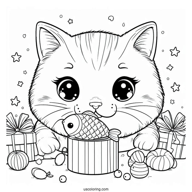 Cat Eating Fish Treat On Christmas Day Coloring Page