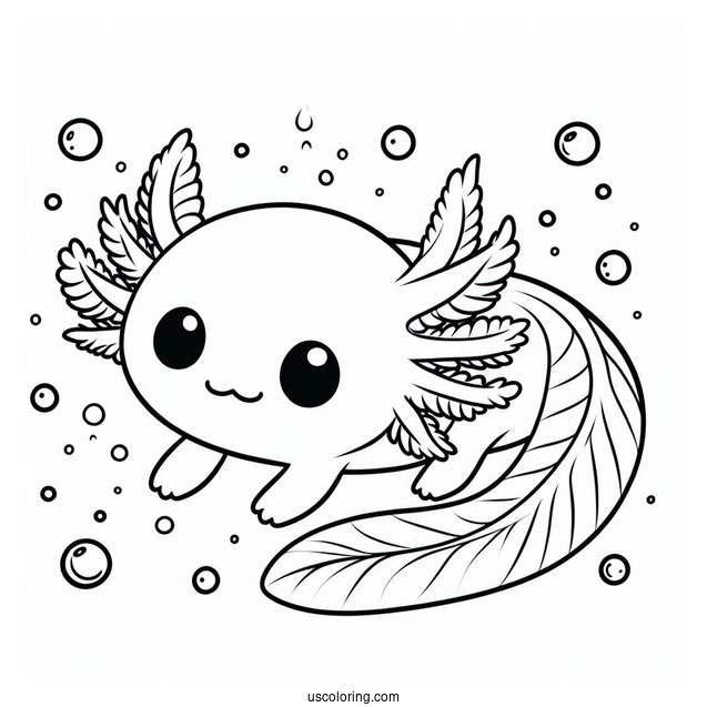Chibi Axolotl Coloring Page Swimming For Kids