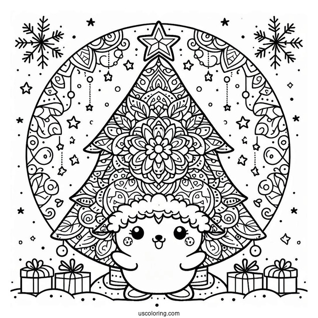 Christmas Mandala Coloring Page Of Kawaii Christmas Tree With Large Star Mandala For Kids
