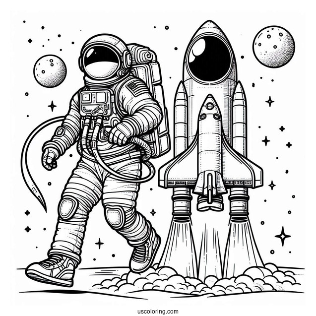 Astronaut Doing Space Walk With Rocket To Color