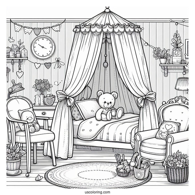 Quaint Bedroom Coloring Page With Canopy, Armchair, And Stuffed Toys