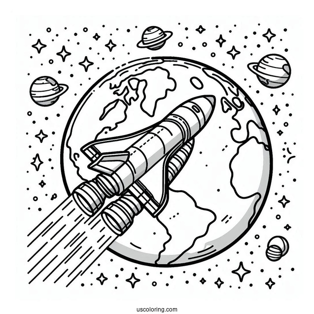 Easy Coloring Page Of NASA Space Shuttle Around Earth