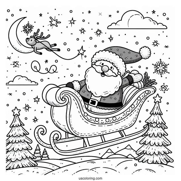Santa Flying On A Sleigh Over The North Pole Coloring Page For Kids