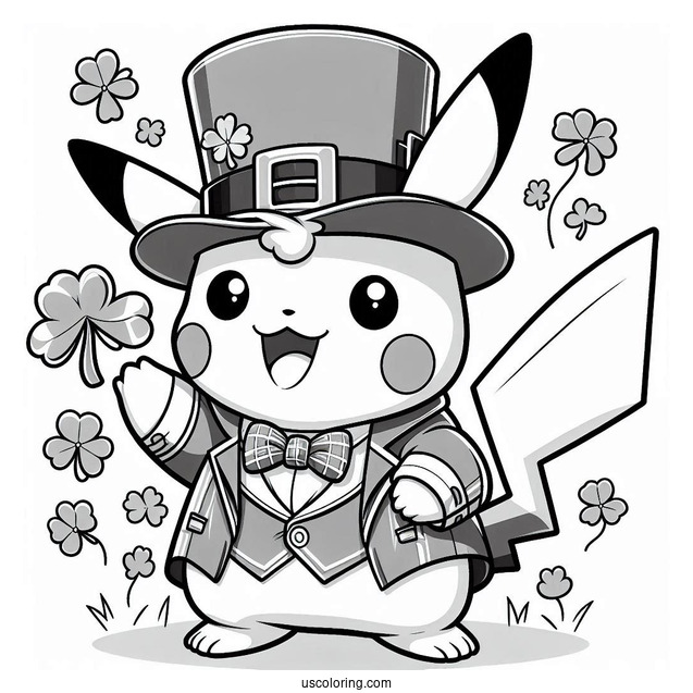 St. Patrick's Day Coloring Page Of Adorable Pikachu Dressed As A Leprechaun For Kids