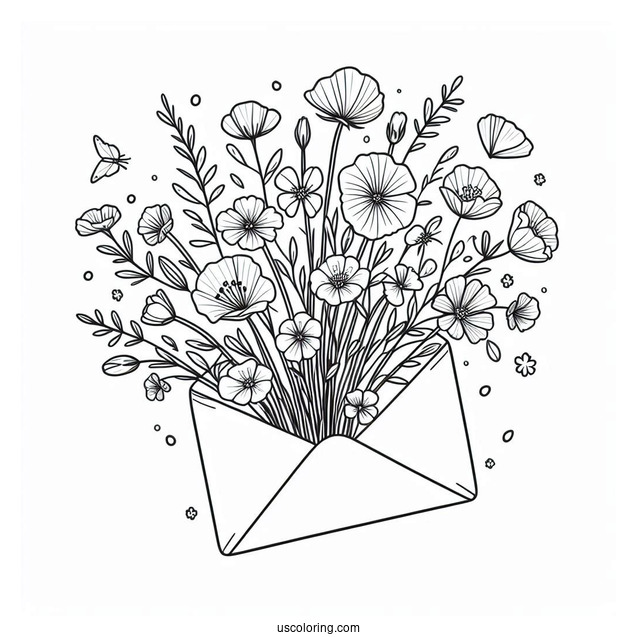 Wildflowers Bursting From An Envelope In Spring Coloring Sheet For Kids