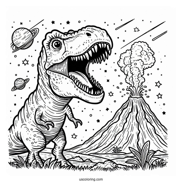 Roaring T-Rex With Volcano Erupting To Color