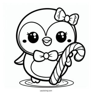 Cute Cartoon Penguin Holding A Candy Cane Coloring Page For Kids