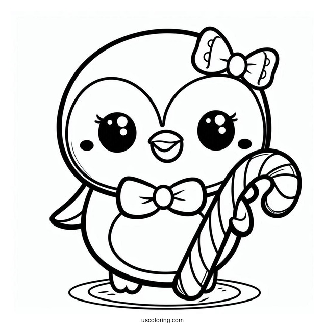 Cute Cartoon Penguin Holding A Candy Cane Coloring Page For Kids