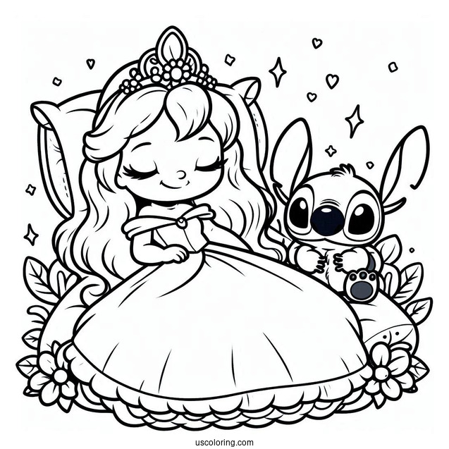 Sleeping Beauty Coloring Page Of Kawaii Stitch As Princess Aurora For Preschoolers