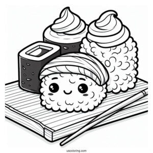 Sushi Coloring Pages Smiling Nigiri With Soy Sauce And Wasabi On A Board For Kids