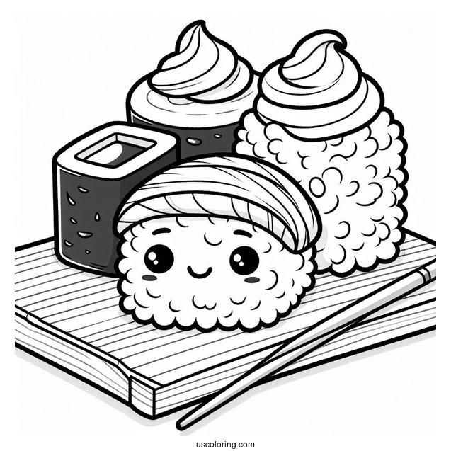 Sushi Coloring Pages Smiling Nigiri With Soy Sauce And Wasabi On A Board For Kids
