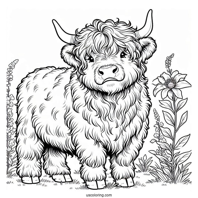 Fluffy Highland Cow Coloring Sheet For Kids