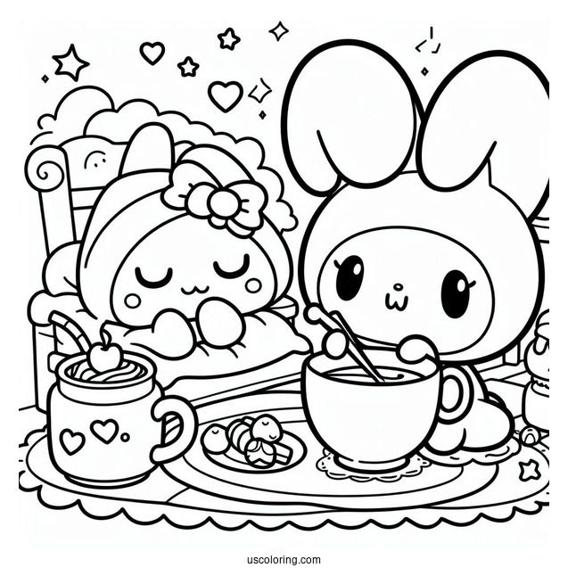 Kawaii My Melody Drinking Tea While Cinnamoroll Sleeps