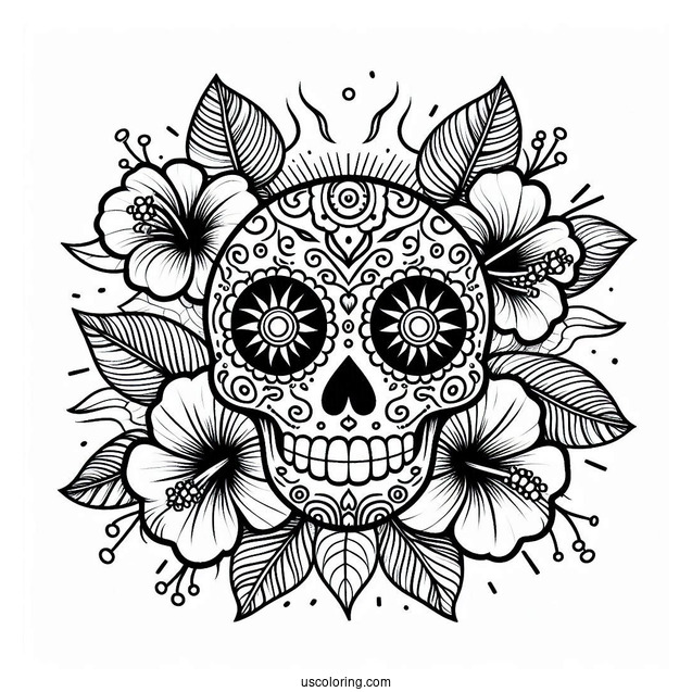 Sun And Hibiscus Patterns On Sugar Skull Eyes Coloring Page