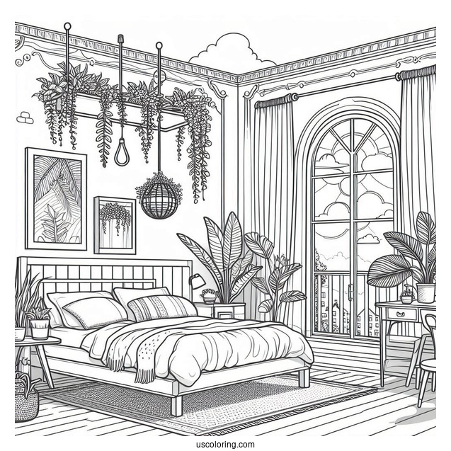 Bedroom Coloring Page With Hanging Plants And Open Balcony