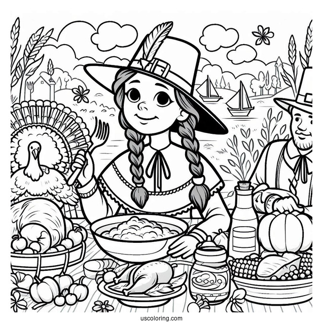 Pilgrim Coloring Page Eating Thanksgiving Feast With Native Americans