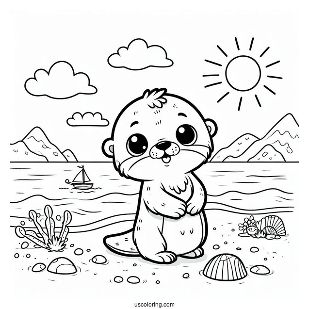 Cute Cartoon Otter Coloring Page On The Beach For Preschoolers