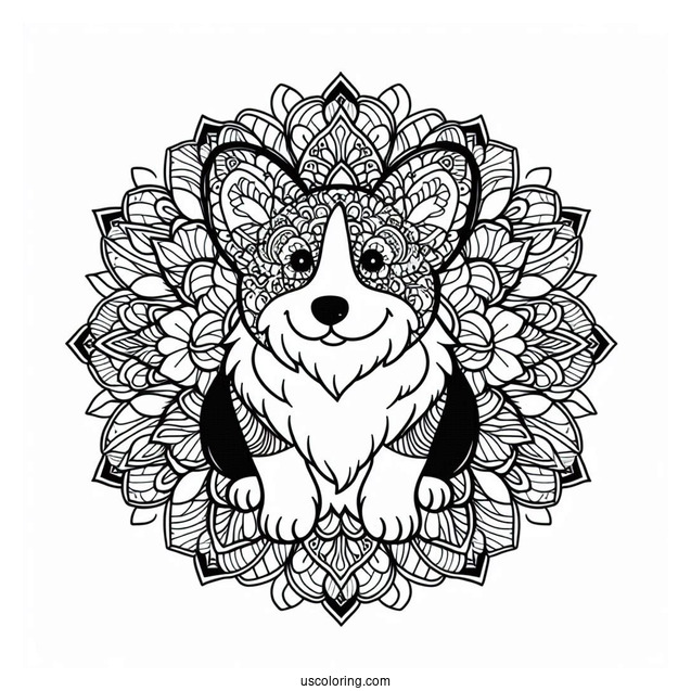 Coloring Page Of Corgi Inside Flower Mandala
