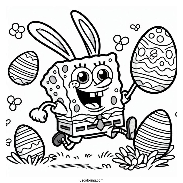 Easter Coloring Page Of SpongeBob In Bunny Costume Running With Easter Eggs