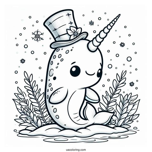 Narwhal Coloring Page With Top Hat Standing With Stitch In The Snow