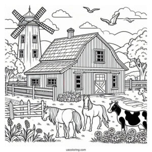 Farm With Horses And Cows To Color