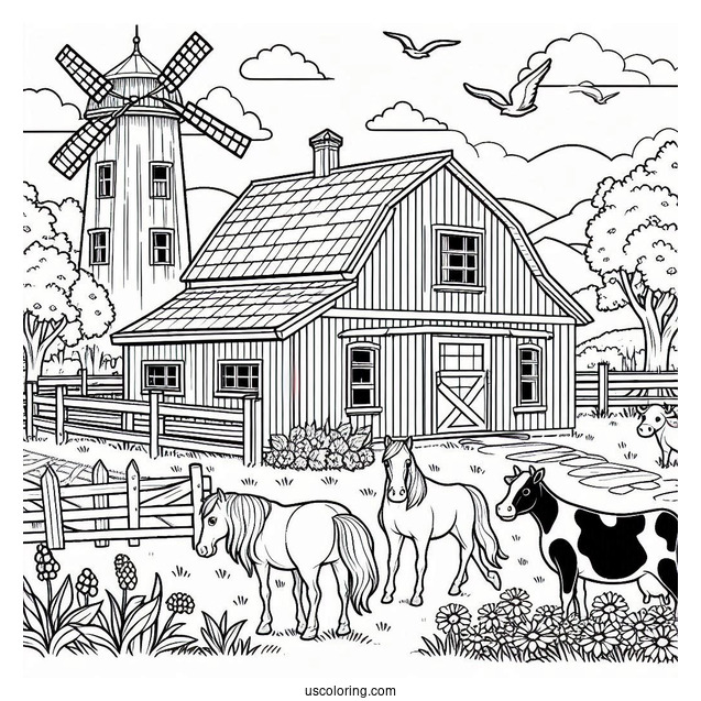Farm With Horses And Cows To Color