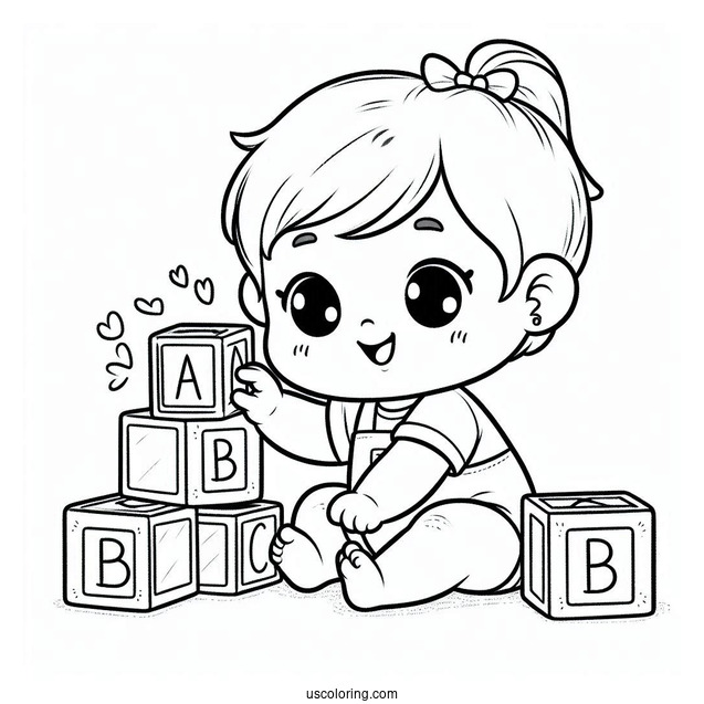Cute Baby Coloring Page Playing With Alphabet Blocks