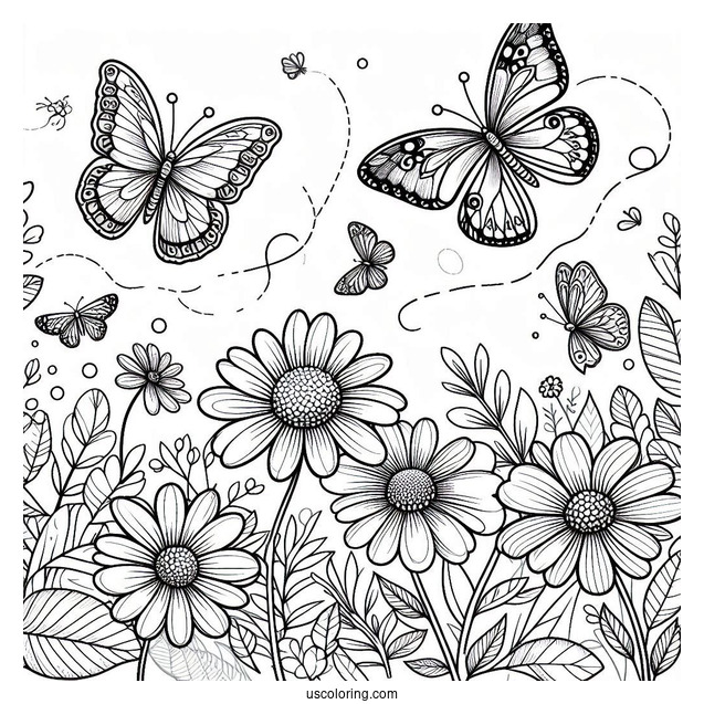 Butterflies Hovering Above Flowers In Spring