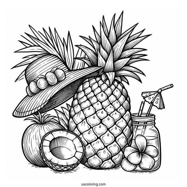 Summer Pineapple Coloring Page With Hat and Coconuts
