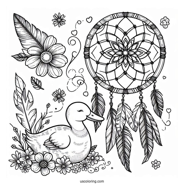Duck Dreamcatcher with Feathers and Flowers Coloring Sheet
