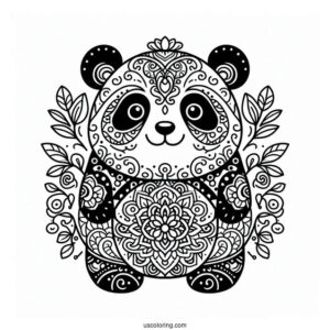 Ornamental Panda Coloring Page with Floral Swirls and Mandala Belly Design