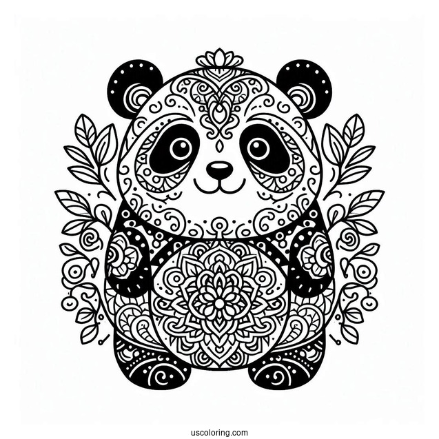 Ornamental Panda Coloring Page with Floral Swirls and Mandala Belly Design
