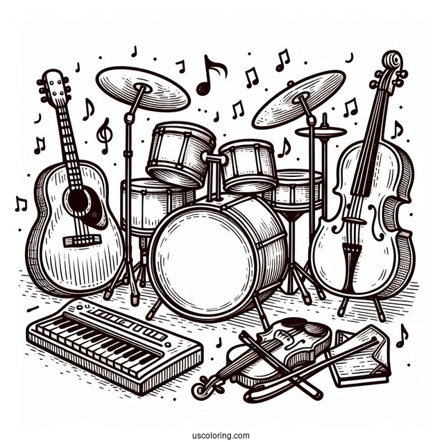 Music Coloring Page Of Drum, Guitar, Violin, Tambourine, And Piano