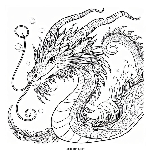Detailed Dragon With Long Whiskers And Big Horns Coloring Page