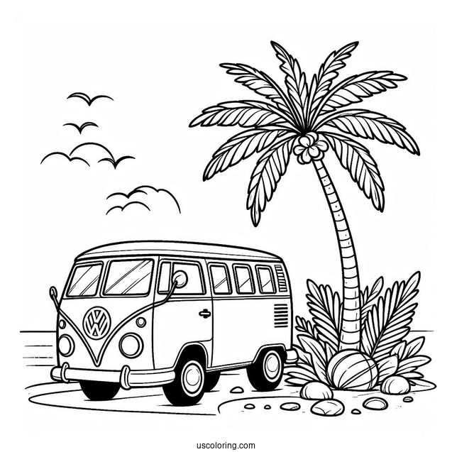 Volkswagen Van Next To A Palm Tree Summer Coloring Page
