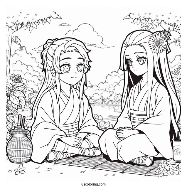 Nezuko Coloring Page Sitting Next To Inosuke In Garden