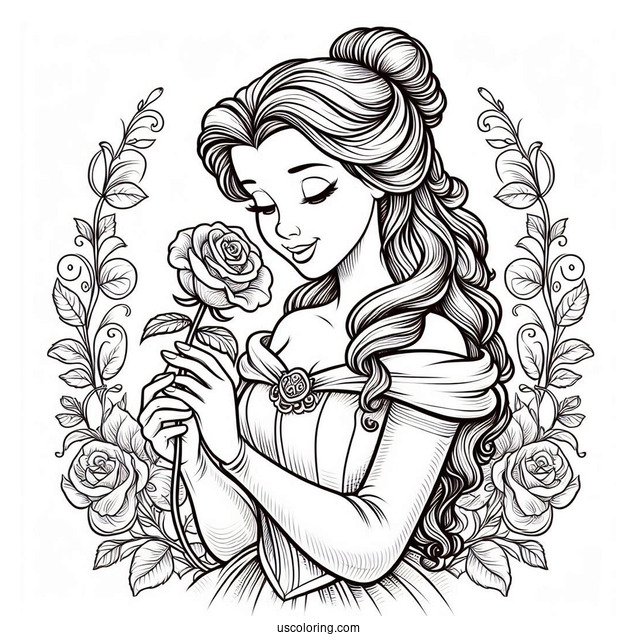 Detailed Coloring Page Of Belle Holding a Rose