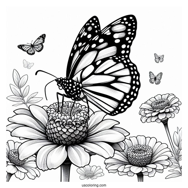 Monarch Butterfly Gathering Pollen From Zinnia Flower