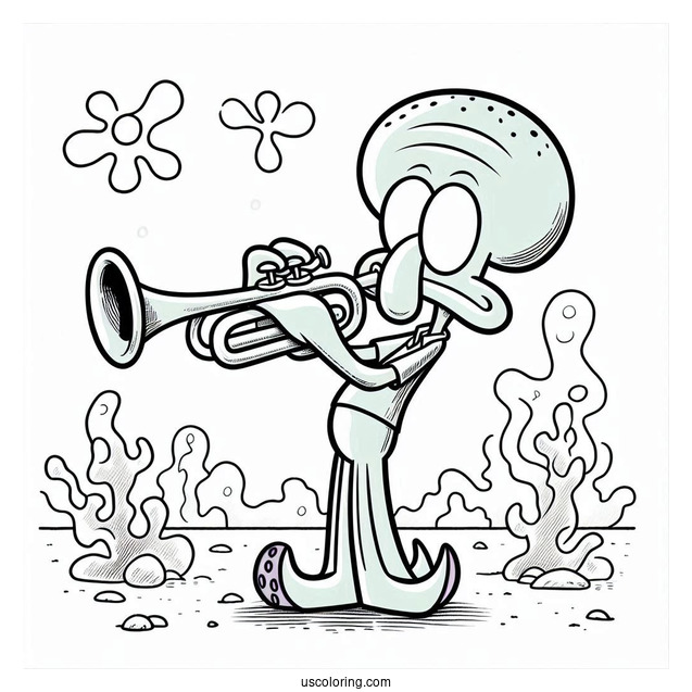 Cute Squidward Coloring Page Playing Trumpet For Kids