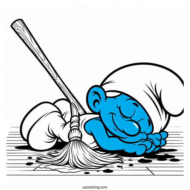 Lazy Smurf Napping While Sweeping Floor