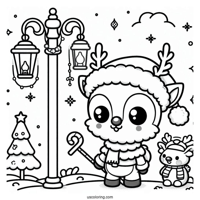 Chibi Rudolph Coloring Page And Santa Under A Lamppost For Preschoolers