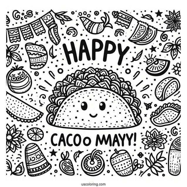 Taco With Happy Cinco De Mayo Greeting Coloring Sheet
