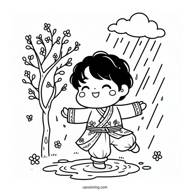 Little Boy Dancing In Spring Coloring Page Rain For Kids